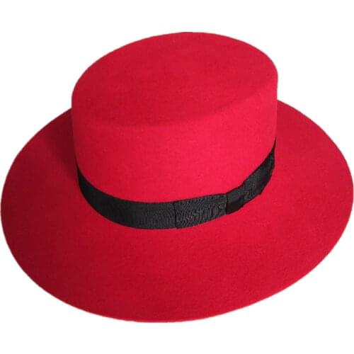 Red Unisexs Fashion Wool Felt Boater Hat Flat Top