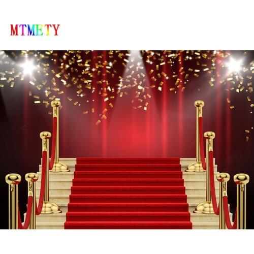 Hollywood Red Curtain Background Red Carpet Stairs Props Vinyl Photography Video Backdrop for Graduation Party Decoration X-5