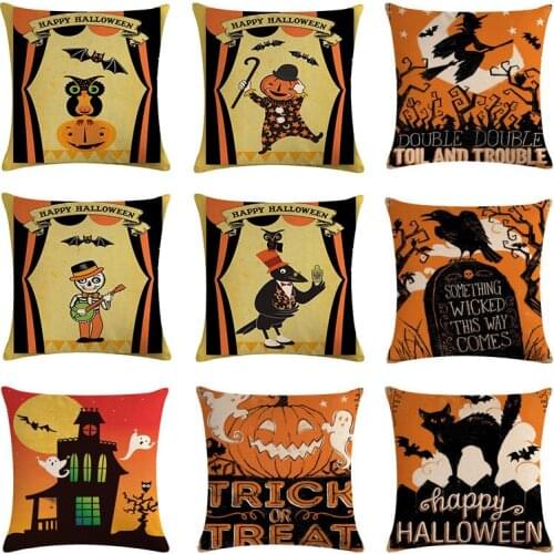 Happy Halloween Cushion Covers 45*45cm Black Cat Crow Pillowcase Home Bedroom Decoration Orange Cotton Linen Witch Pillowcase