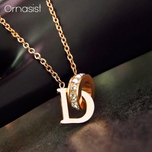Titanium Steel Crystal Circle Pendant Necklace Personality Rose Gold Letter Short Necklaces For Women Jewelry