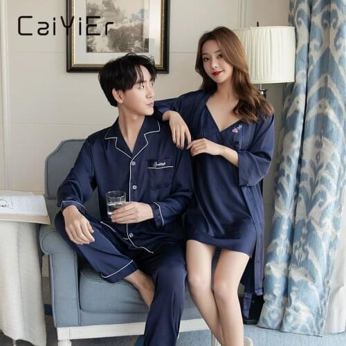 CAIYIER Luxury Sexy Pajamas Couple Silk Satin Sling Long Sleeve Bathrobe Turn-down Collar Top+Trouser Men Women Casual Homewear