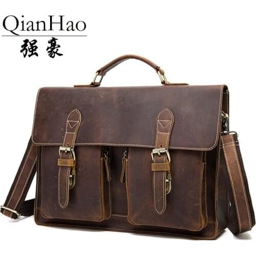 QiangHao Large Capacity Big Size 100% Genuine Leather Briefcase Men Messenger Bags Cowhide 15.6" Laptop Business Travel Bag