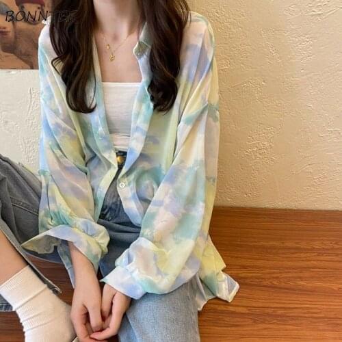 Shirts Women Summer Tie Dye Colorful Fashion Streetwear Korean Long Sleeve Casual All-match Vintage College Sun-proof Female Top