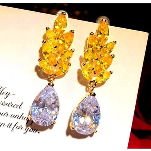 Huitan Luxury Bridal Earrings Wedding Engagement Party Fashion Accessories Unique Yellow Cubic Zirconia Dangle Ear Women Jewelry