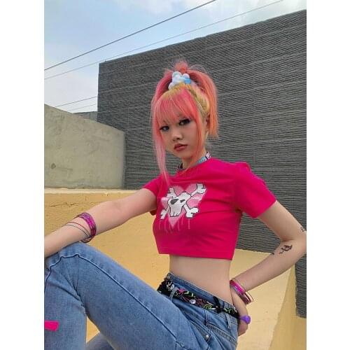 Vintage Letter Anime Cartoon Skull Print crop tops o-neck short sleeve t-shirt dress shirt vintage bf clothing tee Streetwear