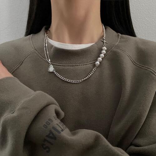 New Gothic Stainless Steel Chain Pearl Splicing Necklace Sexy Collarbone Chain For Woman‘s 2021 Korean Fashion Jewelry Girls