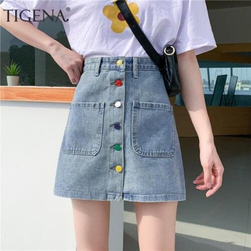 TIGENA Cute Denim Skirt Women Fashion 2021 Summer Color Buttons Casual A Line High Waist Jeans Mini Skirt Female