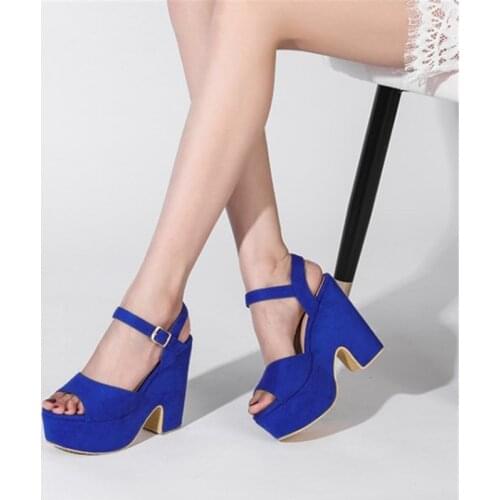 PXELENA 2021 Summer Hot Women Faux Suede Punk Gothic Sandals Ankle Strap Block Chunky High Heels Platform Shoes Black Blue 34-44