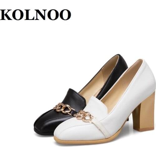 KOLNOO New Simple Style Handmade Chunky Heels Pumps Chais-Deco Slip-On Black&White Party Prom Evening Fashion Daily Court Shoes