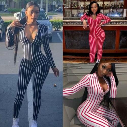 Women Sexy Jumpsuit Deep V Neck Slim Playsuit Romper Striped Cocktail Jumpsuit One Long Trouser Suit Fashion Sister 3Colors