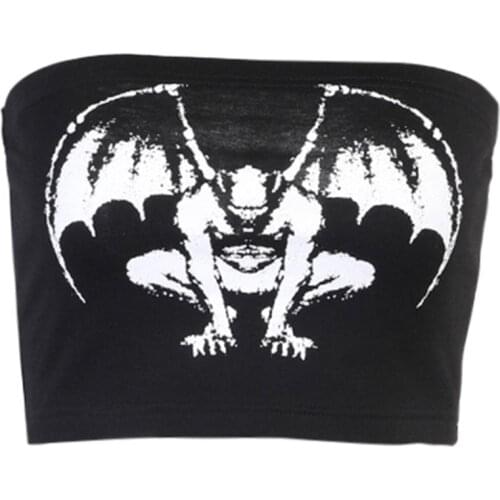 Women Sexy Strapless Tube Top Gothic Punk Demon Devil Print Bandeau Clubwear 066C