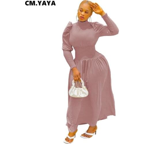 CM.YAYA Women Elegant Fit and Flare Pull Long Sleeve Maxi Dress Autumn Winter Basic Party High Waist Long Solid Dresses