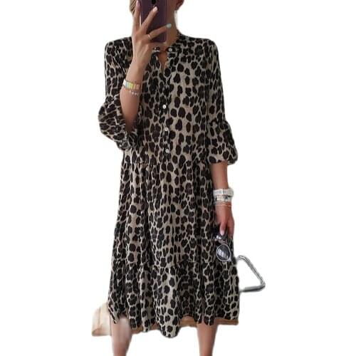 2021 New Design Good Quality Factory Price Fashion Hot Selling Womens Leopard Print Mid-Sleeve Long Printed Dress