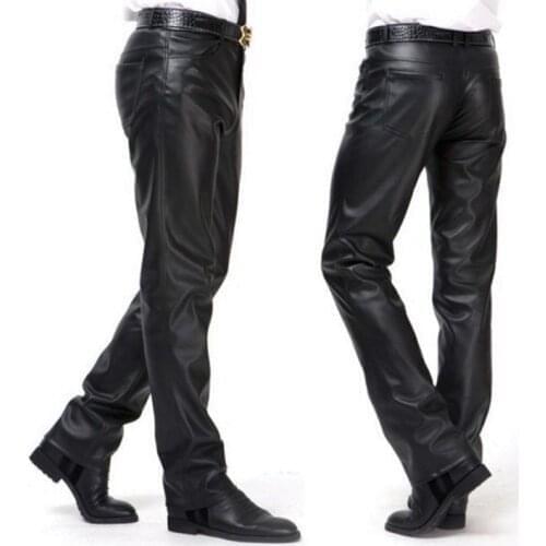 Winter motorcycle pu leather pants men feet trousers windproof thermal plus velvet faux leather skinny pants mens fashion black