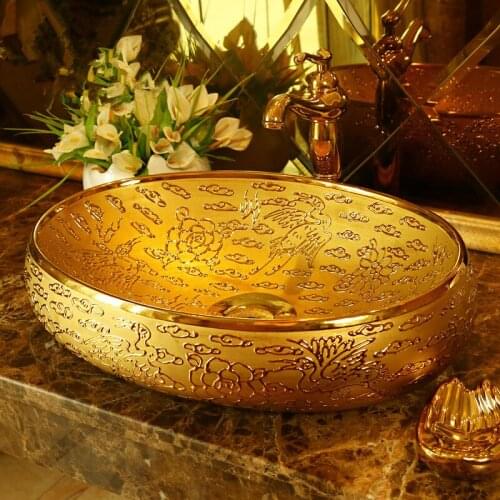 Golden/Silver oval Bathroom Cloakroom Chinese Handmade Europe Vintage Ceramic Lavabo Bathroom Sink wash basin bowl