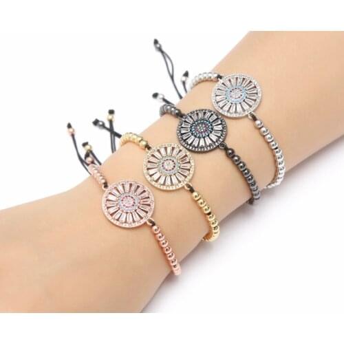 Gold silver micro pave cz Cubic Zirconia rope adjusted Copper Beads Bracelet tyg2 round Charm Braided Bangles Women