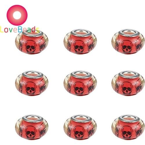 10 Pcs Color Skull Resin Murano Rondelle Large Hole Spacer Beads Fit Pandora Bracelet DIY Necklaces for Women Men Jewelry Crafts