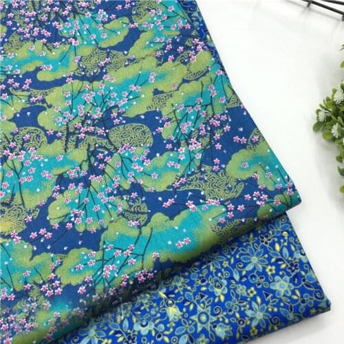 100% Cotton viaPhil Brand Gold Stamping Blue Mixed Green All Over Small Flowers Fabric Patchwork Cloth Dress Home Decor