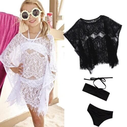 2020 Summer Swimwear for Girls Toddler Baby Girl Clothes Kids 3PCS+Lace Blouse Beach Dress Bikini Set Bathing Suit Swimsuit 1-7Y