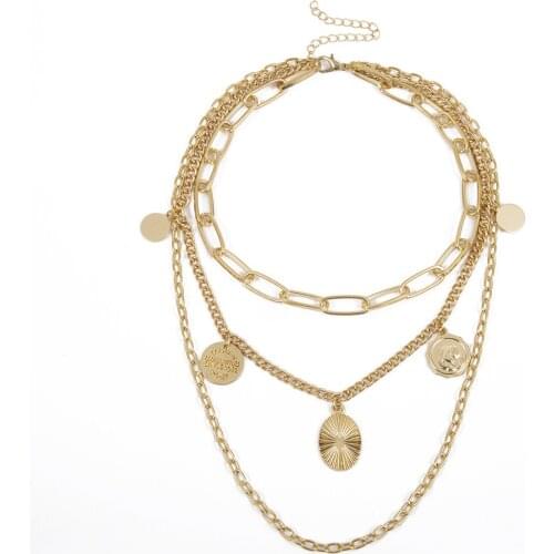 2020 exaggerated personality geometric letter necklace with retro multi-layer coins tassel chain necklace