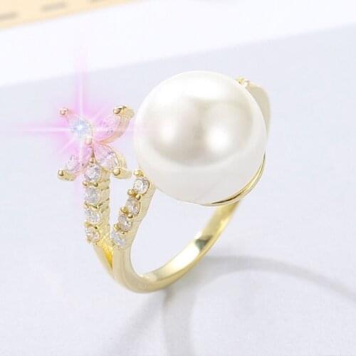 2021 Ins New Pearl Rings Open Flower Shape Simple Crystal Female Fancy Elegant Two Color Gold White Korea Fashion Jewelry Zircon