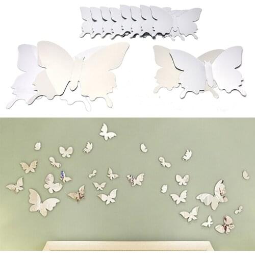 3D Silver Mirror Wall Art Wall Stickers Decal Butterflies Home Decors