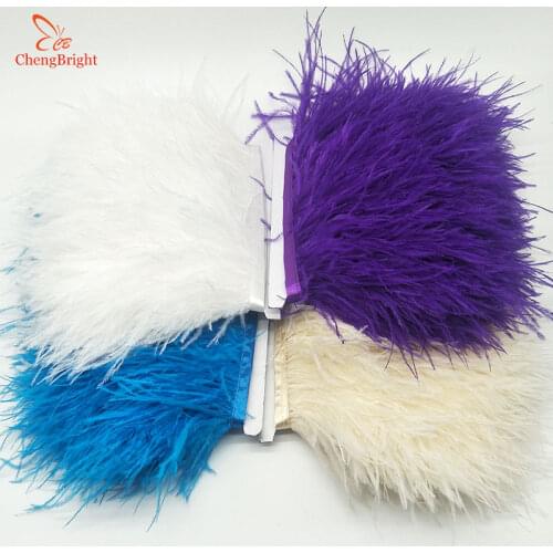 ChengBright Wholesale High Quality 5meters White Natural Ostrich Feather Ribbon Ostrich Feathers Trim Fringe Clothing Decoration