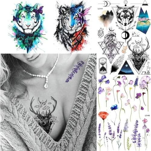 Black Fashion Women Chest Moose Fake Tattoos Temporary Men Geometric Wolf Waves Tattoo Stickers Body Arm Ankle Tatoos DIY Custom