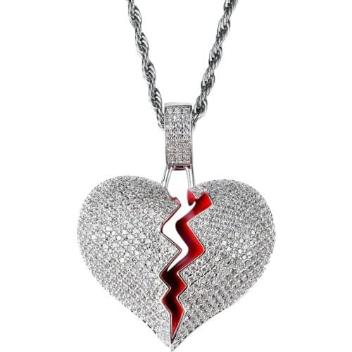 Zircon Hip Hop Necklace Broken Heart Shape Lover Couple Women Men Fashion Pendant Jewelry Gift 3mm Stainless Steel Twist Chain