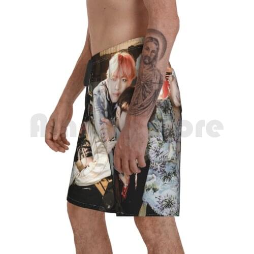/-Fire Group Photo Beach Shorts Men Beach Pants Swim Trunks Collage Pink White Kpop Korean Pop Tumblr Bulletproof Boy