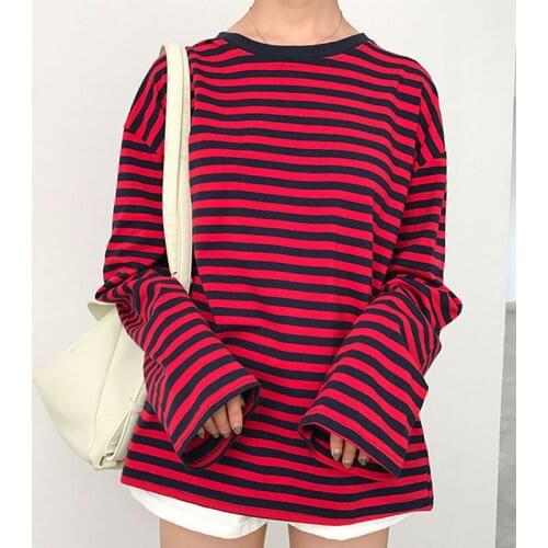 Korea large size casual long-sleeved striped cotton O-neck Ulzzang loose hip hop autumn female fashion Harajuku T-shirt