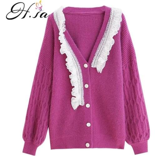 H.SA winter clothes women 2020 Lace Stitch Sweater and Cardigans Candy Color Purple Long Ovcersized Knitwear cardigan mujer