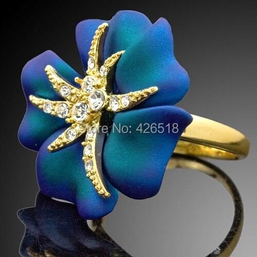 Yellow Gold Color Charm Alloy Top Crystal Starfish Flower Rings For Women Wedding Party Evening Dress Accessory,Royal