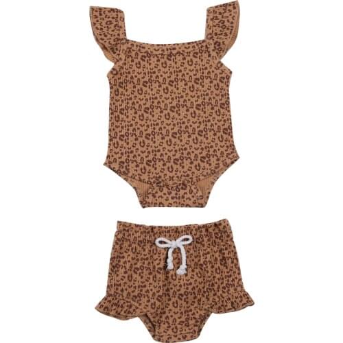 0-18M Newborn Girls Leopard 2Pcs Romper Set, Ruffled Sleeve Square Neck Triangle Bodysuit with Elastic Shorts for Summer