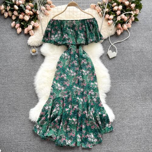 Summer Womens Dress Korean Holiday Style Vintage Print One-neck Ruffled Fishtail Dress New Waist Female Slim Dresses DE025