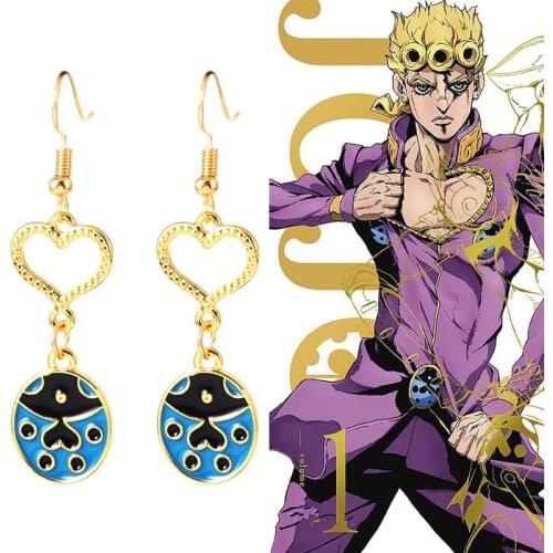 Hot Anime Heart Earrings JoJos Bizarre Adventure Golden Wind Giorno Giovanna Drop Earrings For Women Men Cosplay Jewelry