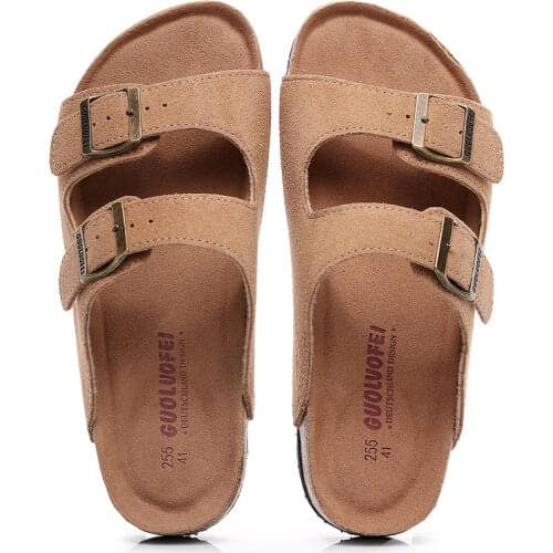 Summer Mens Cow Suede Leather Mule Clogs Slippers High Quality Soft Cork Two Buckle Slides Footwear For Men Women Unisex 35-46