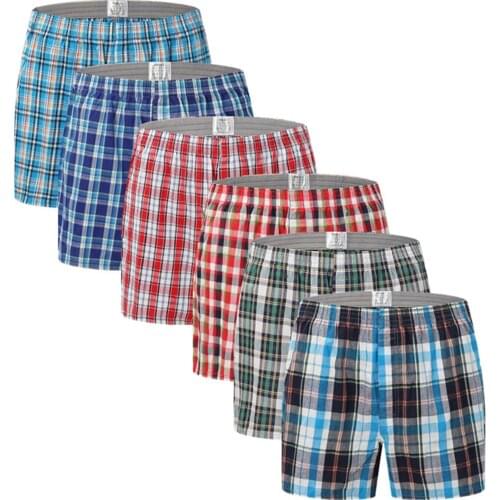2021 Mens Boxer Shorts, Casual Plaid Striped Print Loose Fit Cotton Underwear with Button Fly