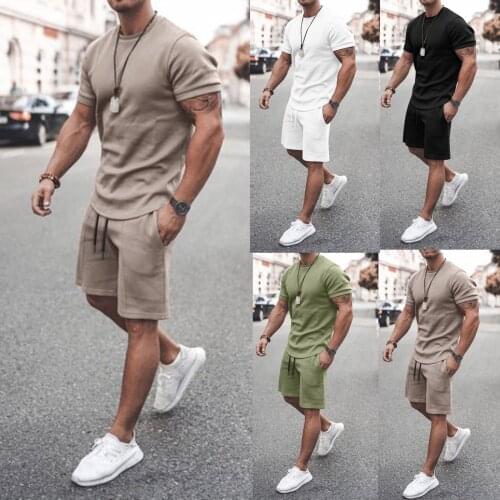 2021 New Men’s Summer 2-piece Beach Short Sleeve Shirts & Shorts Pants Sets Fashion High Quality Simple Daily Shirts Shorts Sets