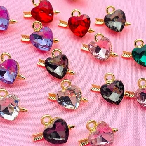 10Pcs Colorful Heart Crystal Charms Gold Silver Color Metal Pendant For DIY Jewelry Making Earring Finding Accessories Wholesale