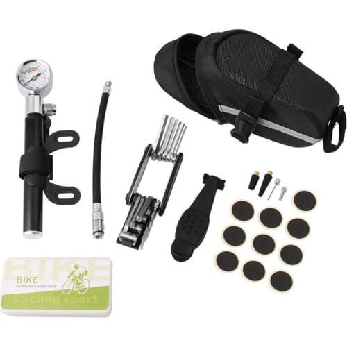 Repair Patch Set Bike Tire Inflator Repair Kit Hand Pump with Pressure Gauge Multitool Tire Pry Rod Portable tool kit