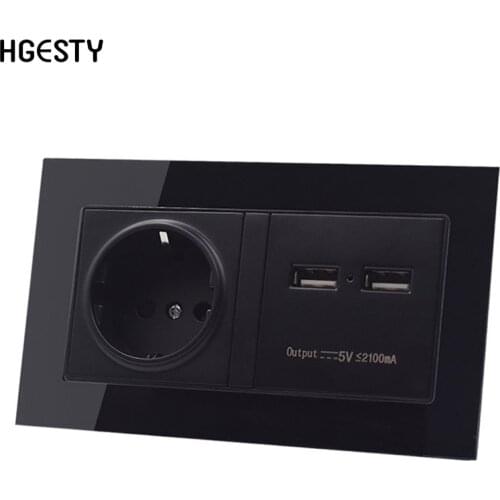 EU Standard Wall Crystal Glass Panel Power Socket Grounded With Dual USB Charging Port Wall Power Socket Outlet 146mm * 86mm