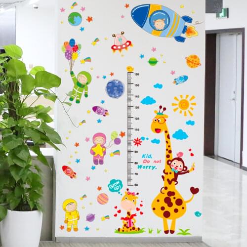 [shijuekongjian] Giraffe Height Measure Wall Stickers DIY Rockets Astronaut Wall Decals for Kids Room Baby Bedroom Decoration