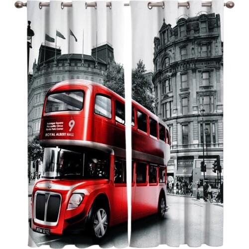 Red Bus London Street Scenery Local Color Window Curtains Scenic Curtains for Living Room Decorative Items Living Room