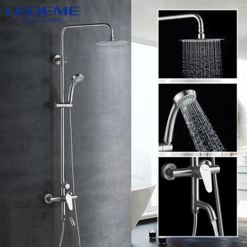 LEDEME Shower Mixers Faucet Brushed Rain Shower Faucets Taps Wall Round Hand Stainless Steel Shower Mixer Tap Set L72402