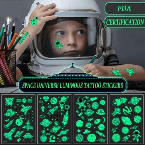 Luminous Tattoo Stickers Kid Temporary Waterproof Universe Space Fake Tattoos Glow Face Arm Leg for Children Body Art Sticker