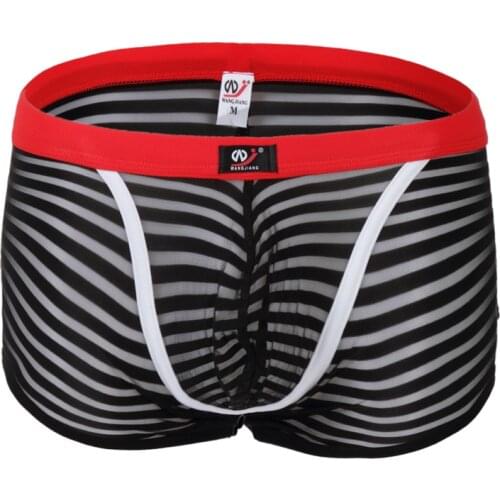 Men Underwear Striped Boxer Shorts Boxers Underpants Transparent Gay Summer Sexy Striped U Convex Design