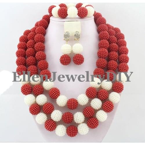 Gorgeous Red&White Beads Balls African Necklace Jewelry Set Nigerian Beaded Wedding Jewelry Set Free Shipping W10344