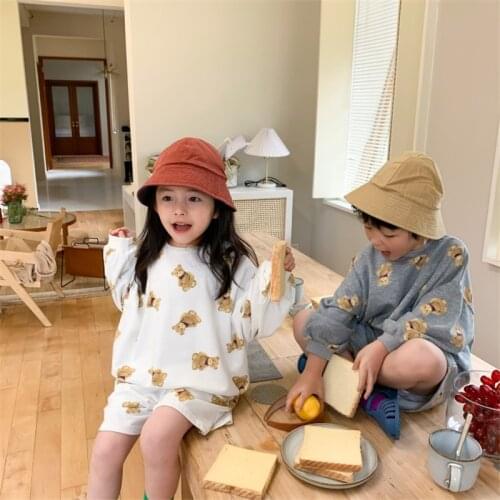 100% Cotton Spring Autumn Girls Clothing Suits Sweatshirts+Shorts 2pcs/Set Pullover Kids Teenager Outwear High Quality Bear Two