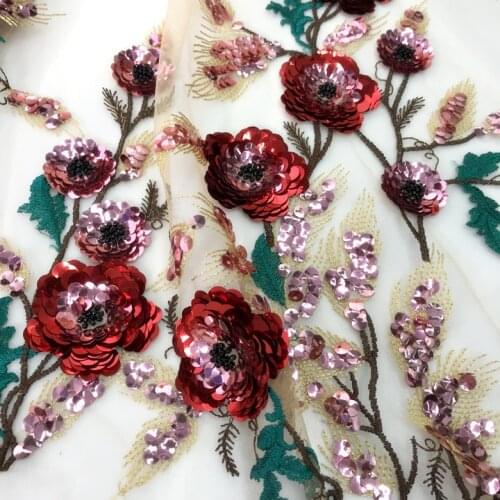 Bright three dimensional embroidered Sequin embroidered flower mesh fabric